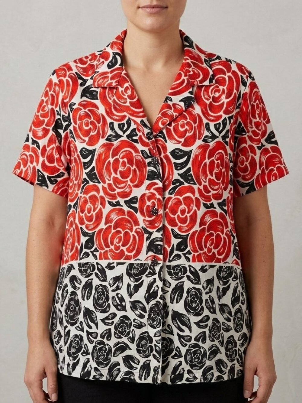 Jams World Latona Rose Black Red Floral Short Sleeve Blouse Women L Vintage EUC